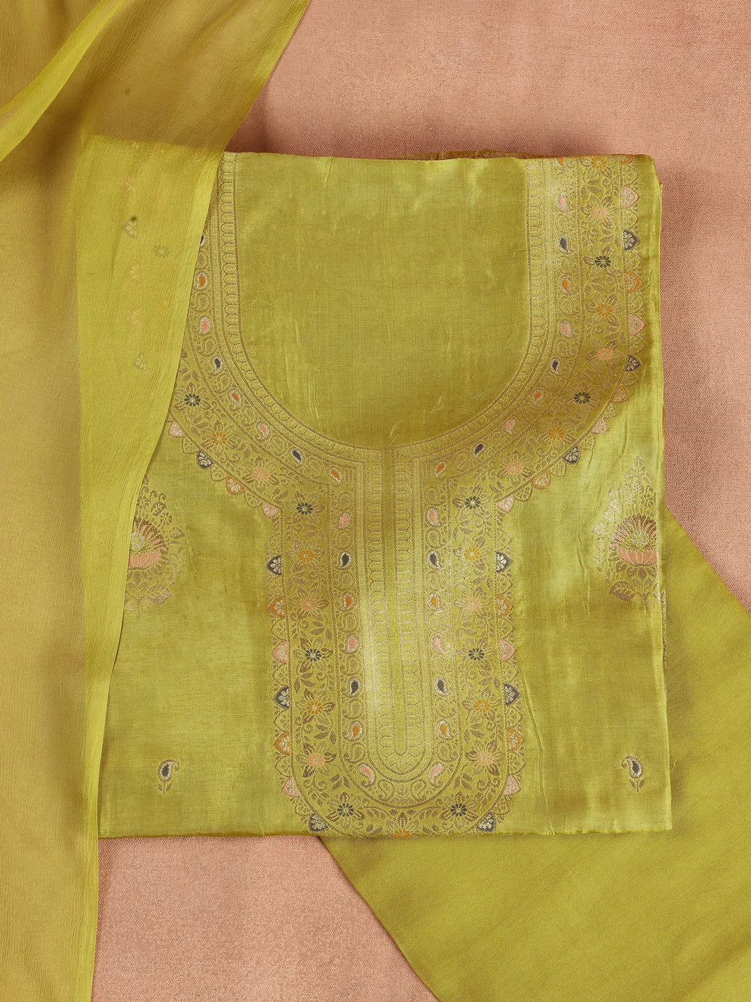  Lime Green Woven Design Silk Blend Dress Material With Dupatta 