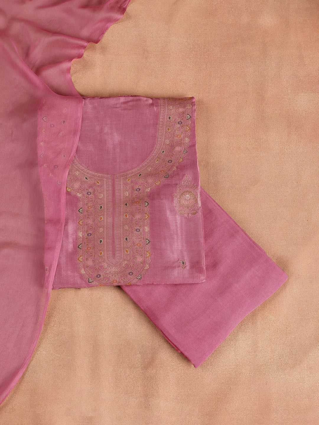  Pink Woven Design Silk Blend Dress Material With Dupatta 