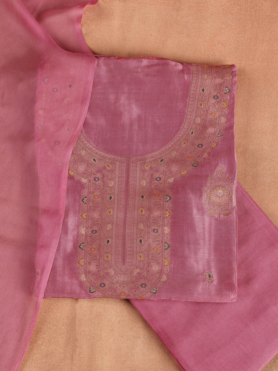  Pink Woven Design Silk Blend Dress Material With Dupatta 