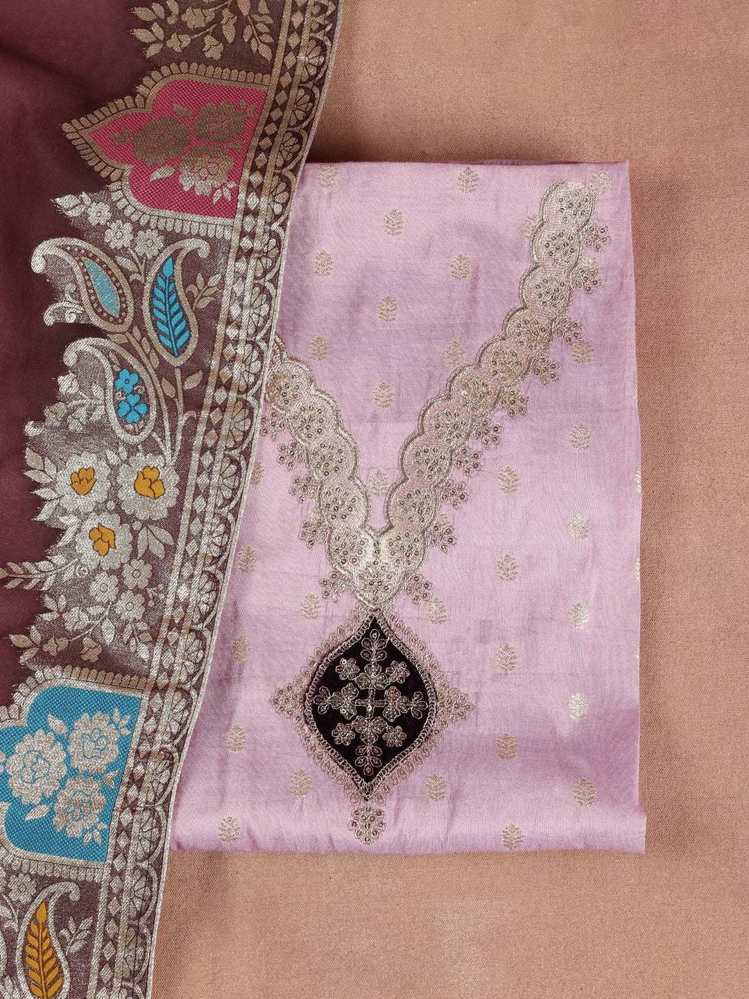  Purple Embroidered Silk Blend Dress Material With Dupatta 