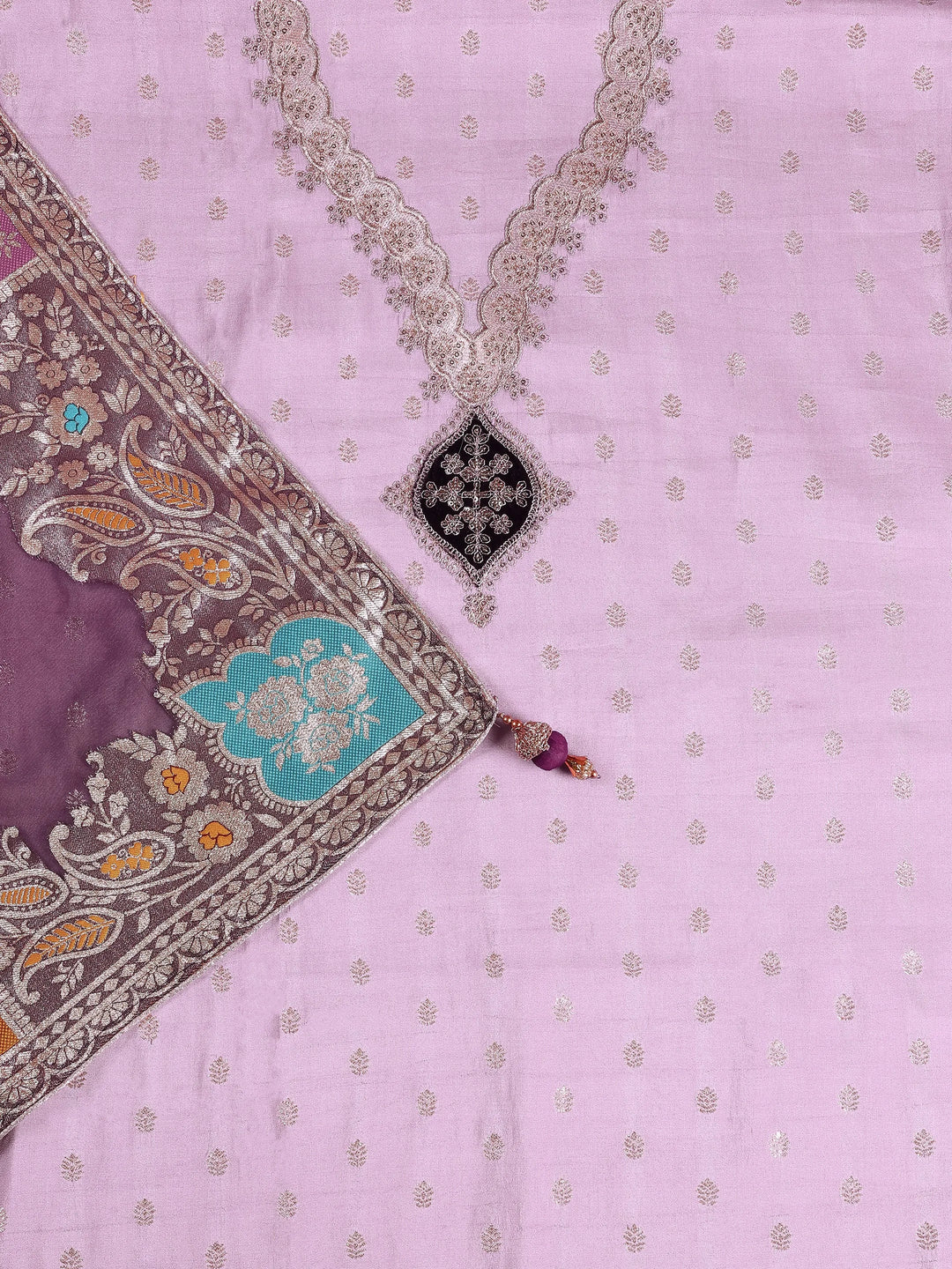  Purple Embroidered Silk Blend Dress Material With Dupatta 