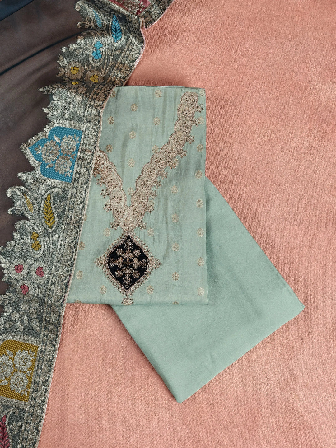 Green Embroidered Silk Blend Dress Material With Dupatta 