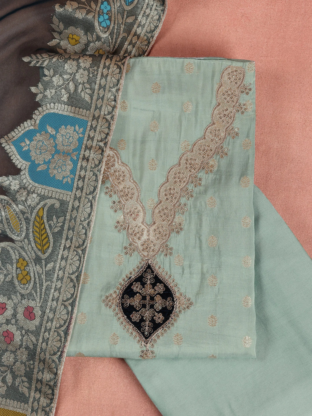  Green Embroidered Silk Blend Dress Material With Dupatta 