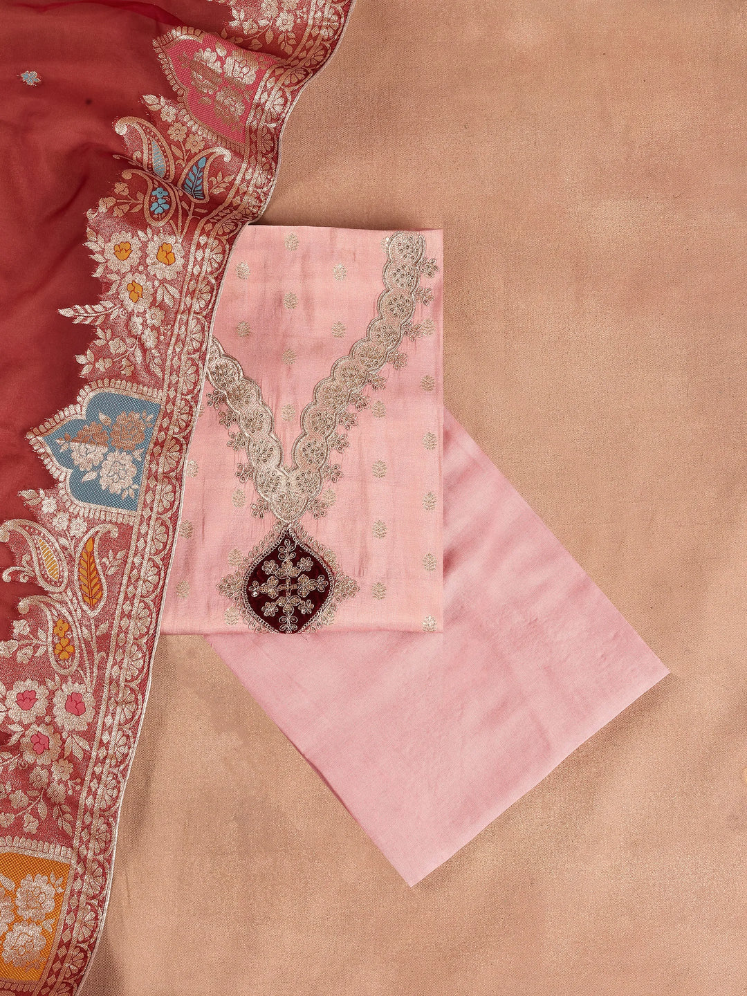  Peach Embroidered Silk Blend Dress Material With Dupatta 