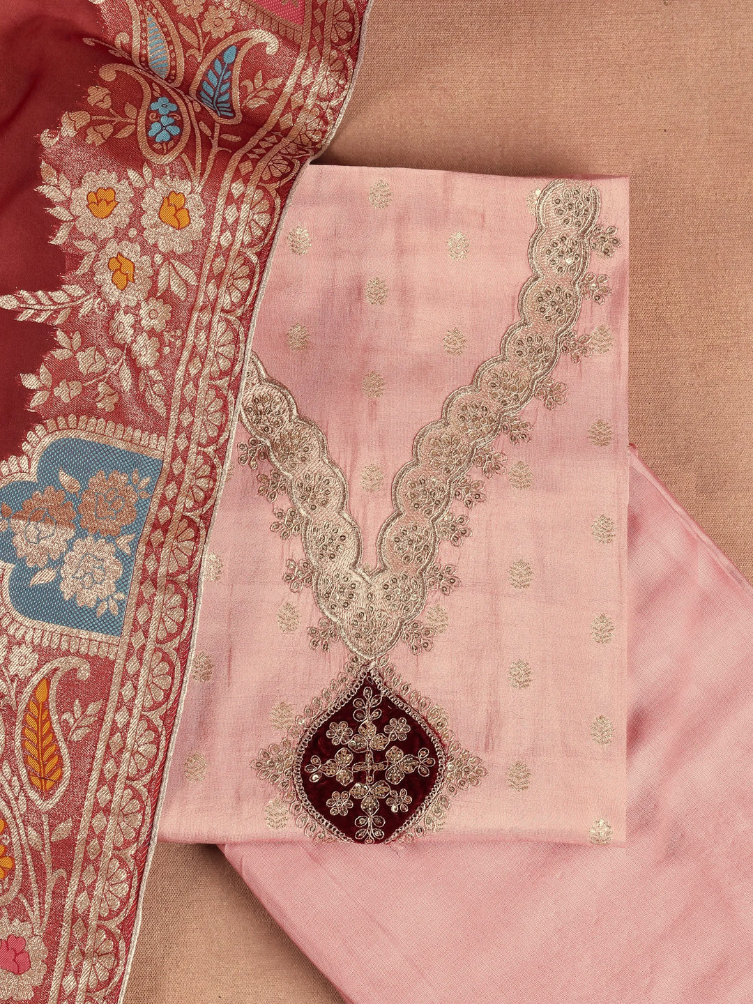  Peach Embroidered Silk Blend Dress Material With Dupatta 