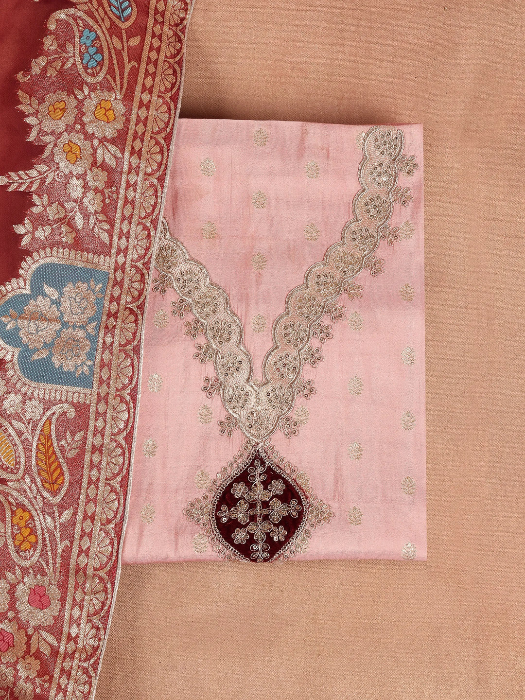  Peach Embroidered Silk Blend Dress Material With Dupatta 