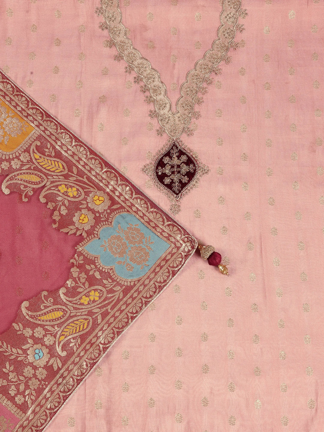  Peach Embroidered Silk Blend Dress Material With Dupatta 
