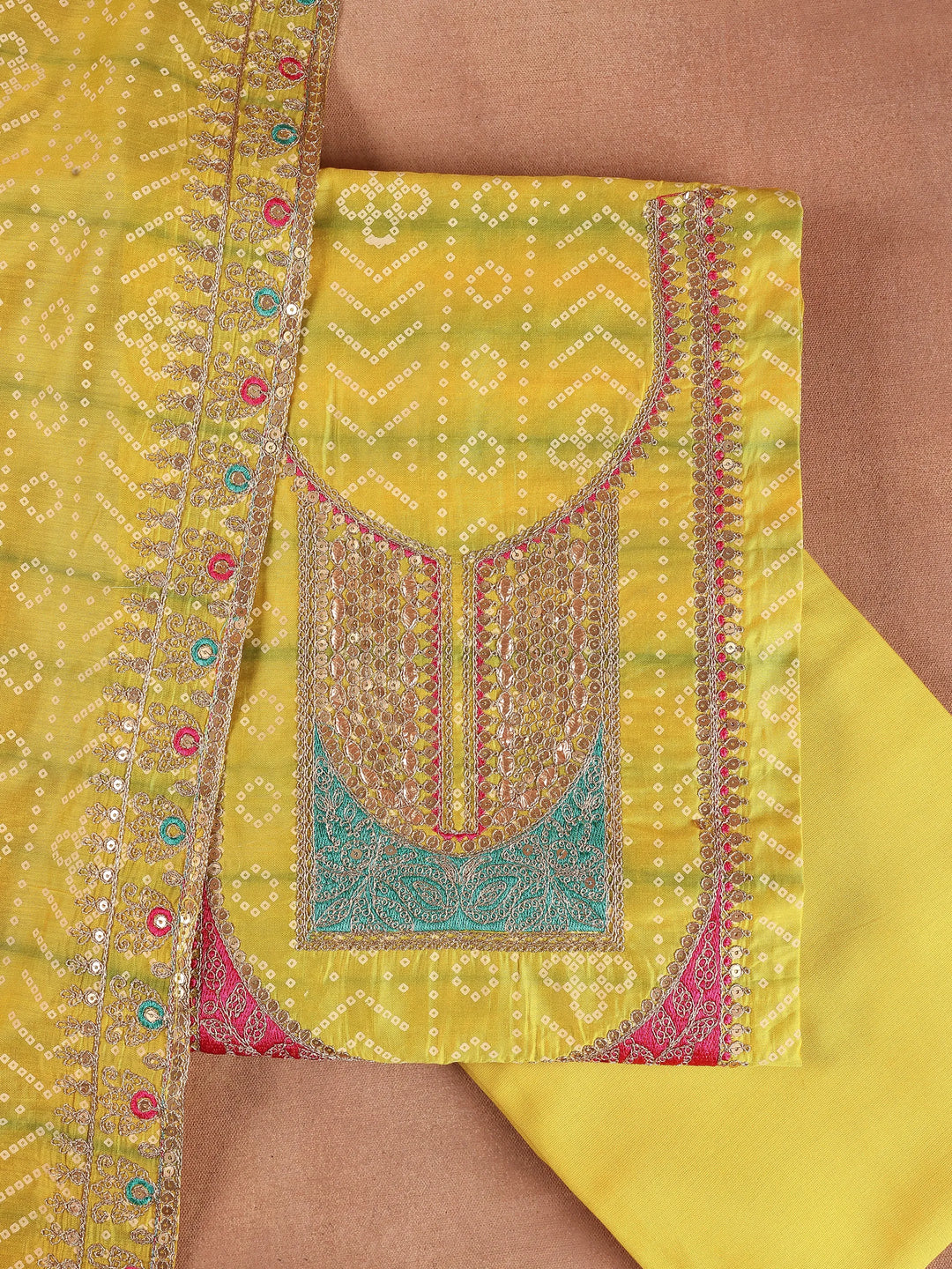  Yellow Printed Silk Blend Dress Material With Dupatta 