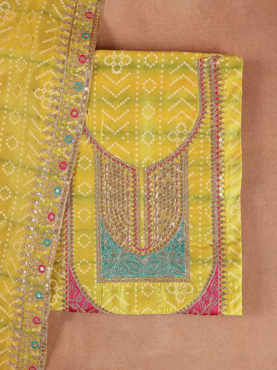  Yellow Printed Silk Blend Dress Material With Dupatta 