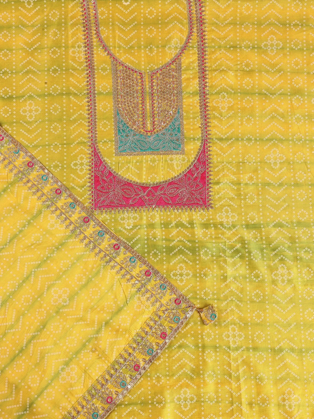 Yellow Printed Silk Blend Dress Material With Dupatta 