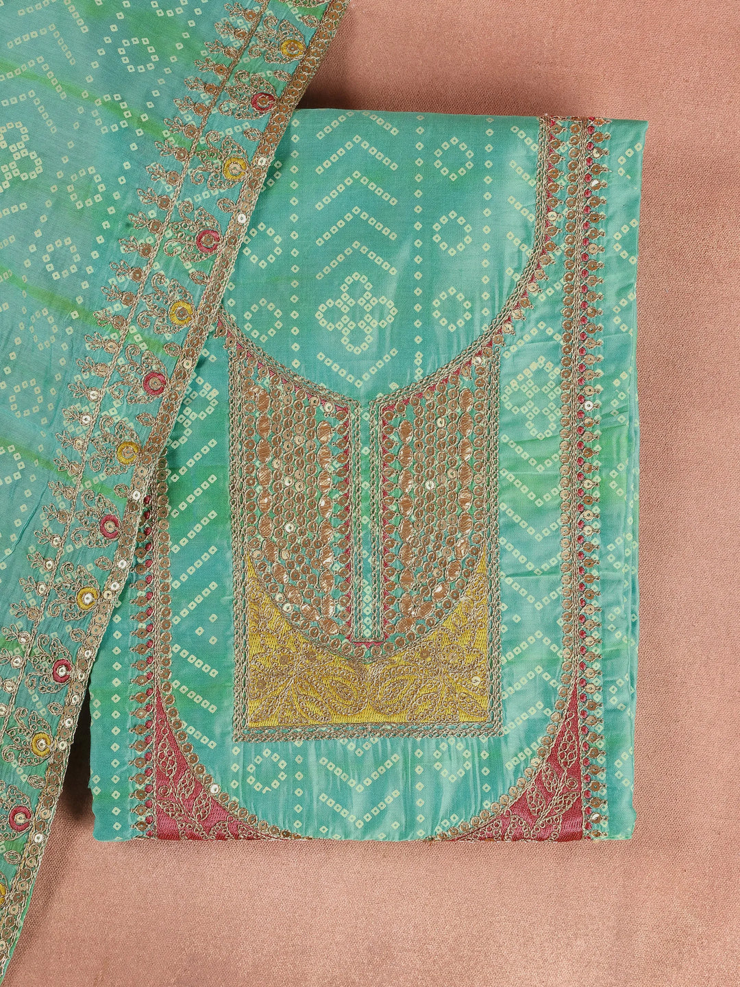  Turquoise Printed Silk Blend Unstitched Suit Set 