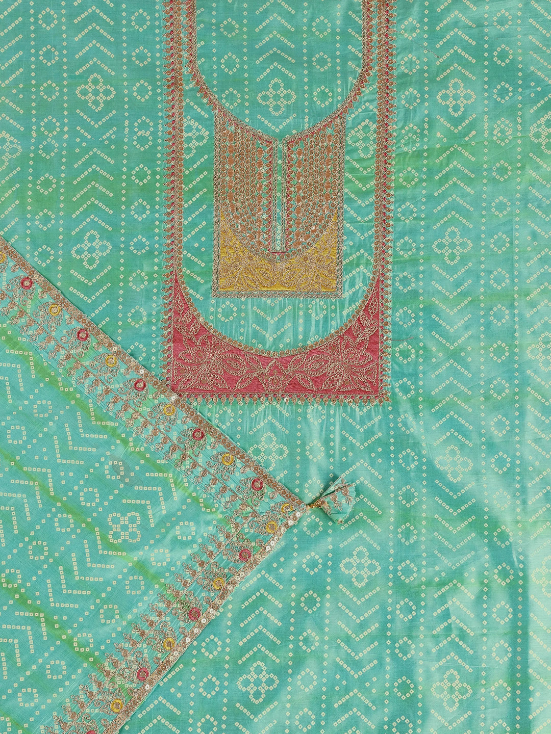  Turquoise Printed Silk Blend Unstitched Suit Set 