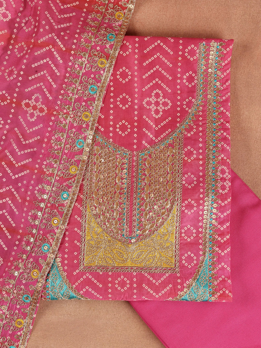  Pink Printed Silk Blend Dress Material With Dupatta 