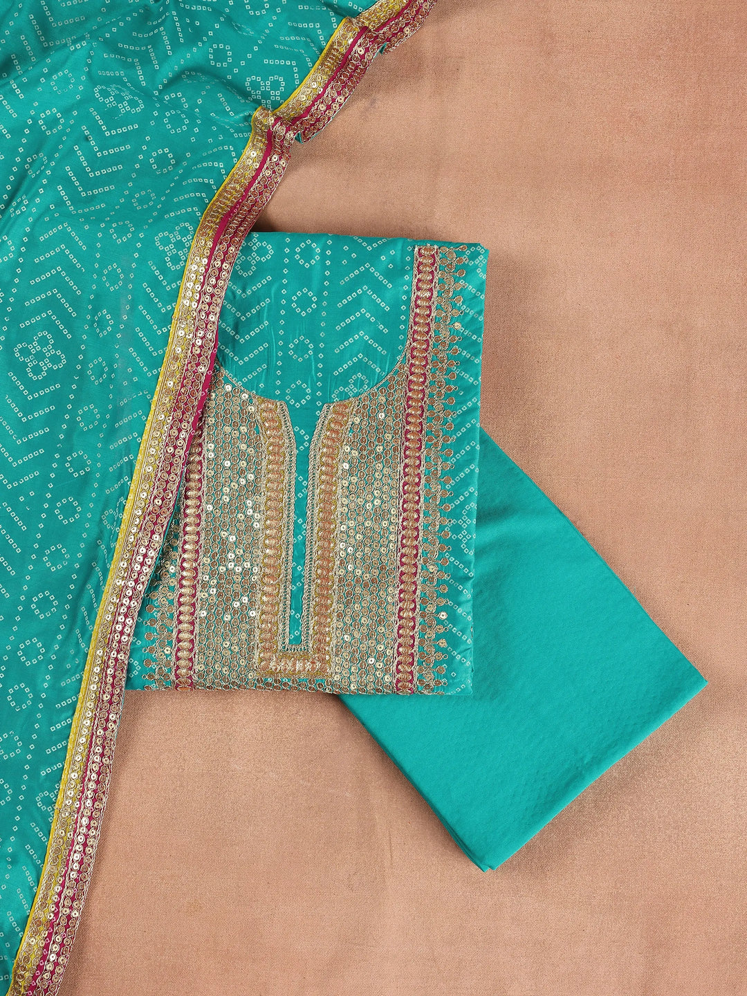  Teal Printed Silk Blend Dress Material With Dupatta 