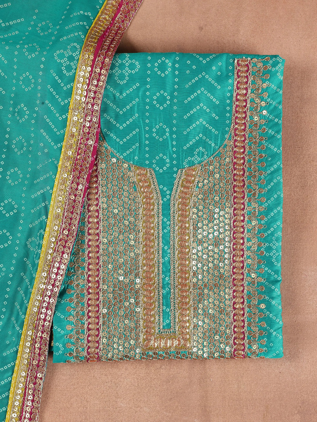  Teal Printed Silk Blend Dress Material With Dupatta 