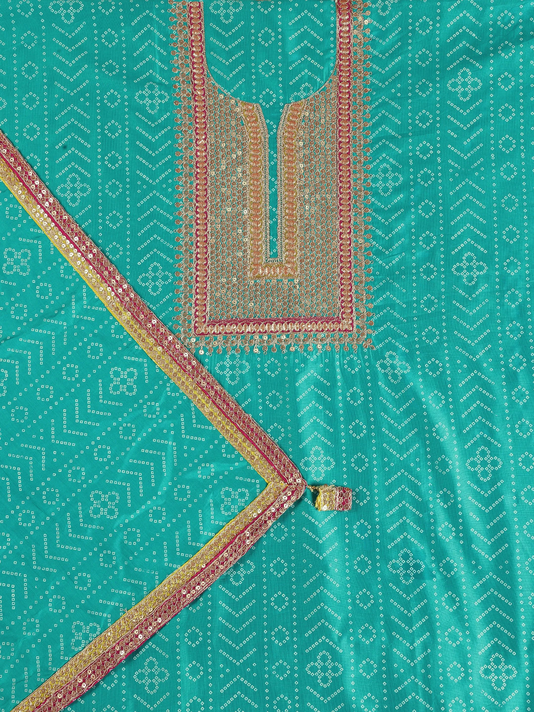  Teal Printed Silk Blend Dress Material With Dupatta 