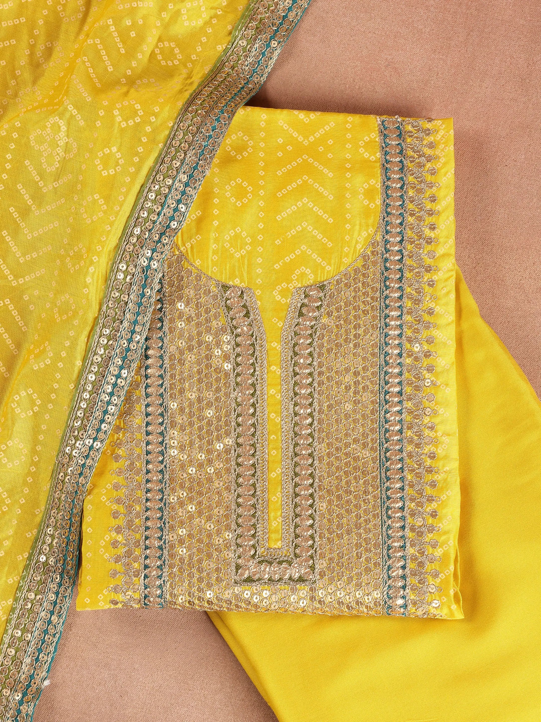  Yellow Embroidered Silk Blend Dress Material With Dupatta 