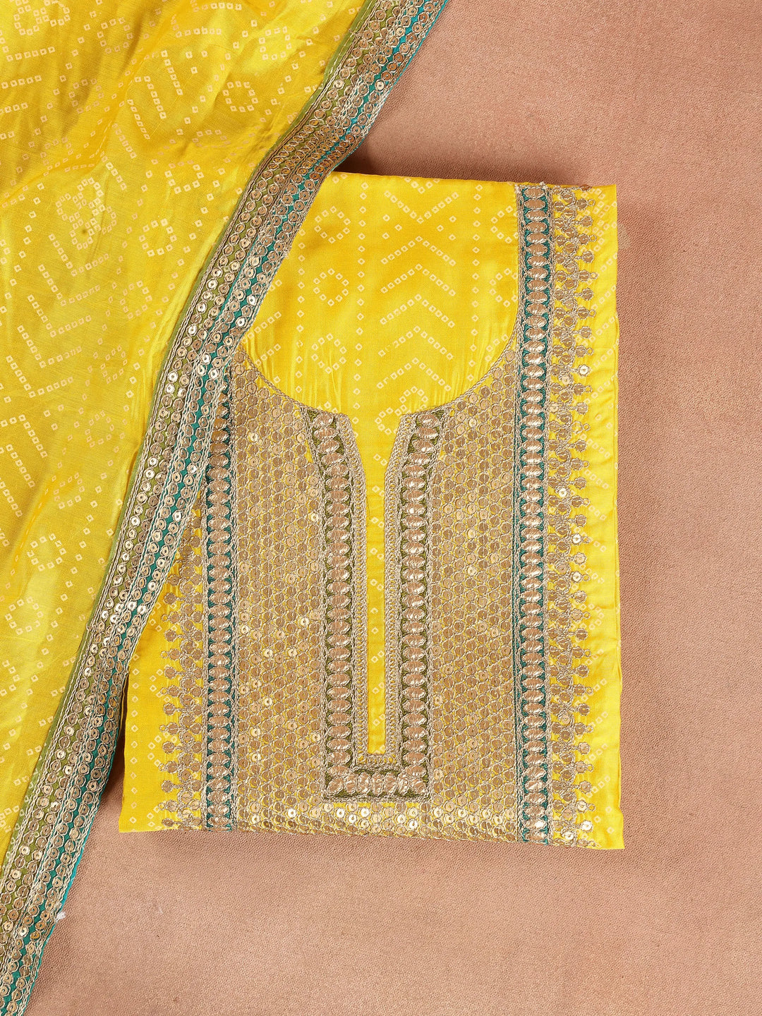  Yellow Embroidered Silk Blend Dress Material With Dupatta 