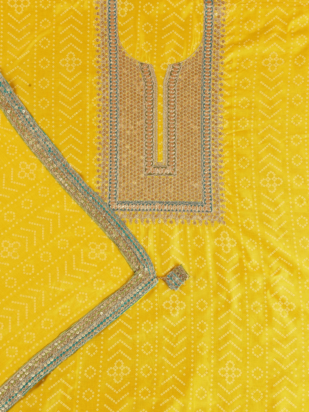  Yellow Embroidered Silk Blend Dress Material With Dupatta 