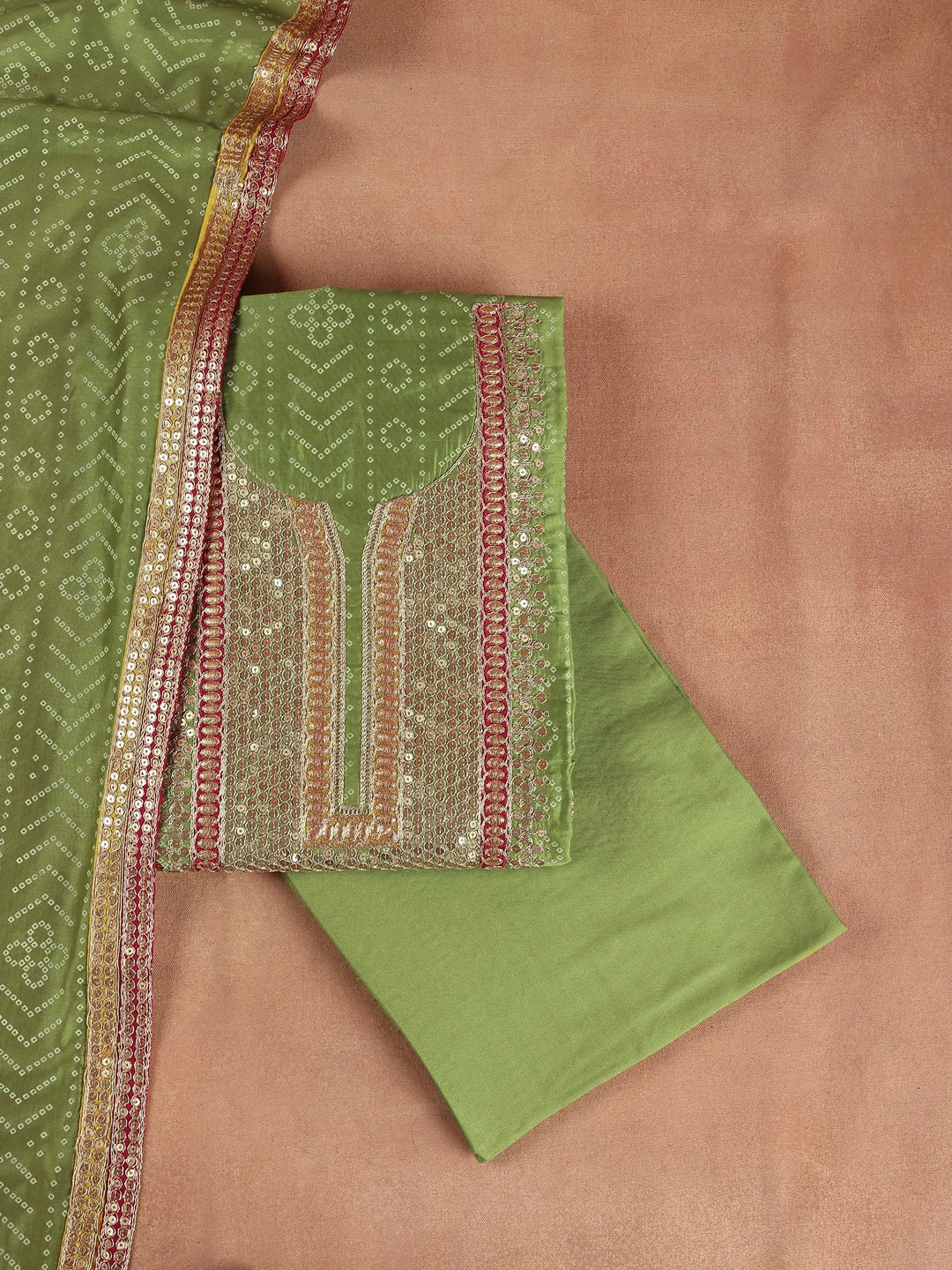  Green Embroidered Silk Blend Dress Material With Dupatta 