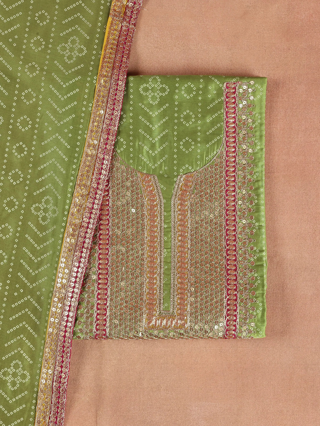  Green Embroidered Silk Blend Dress Material With Dupatta 