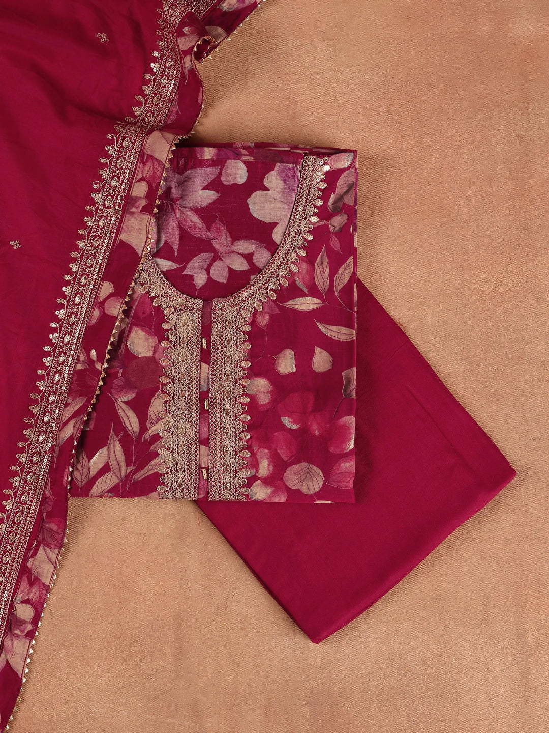  Maroon Printed Silk Blend Dress Material With Dupatta 