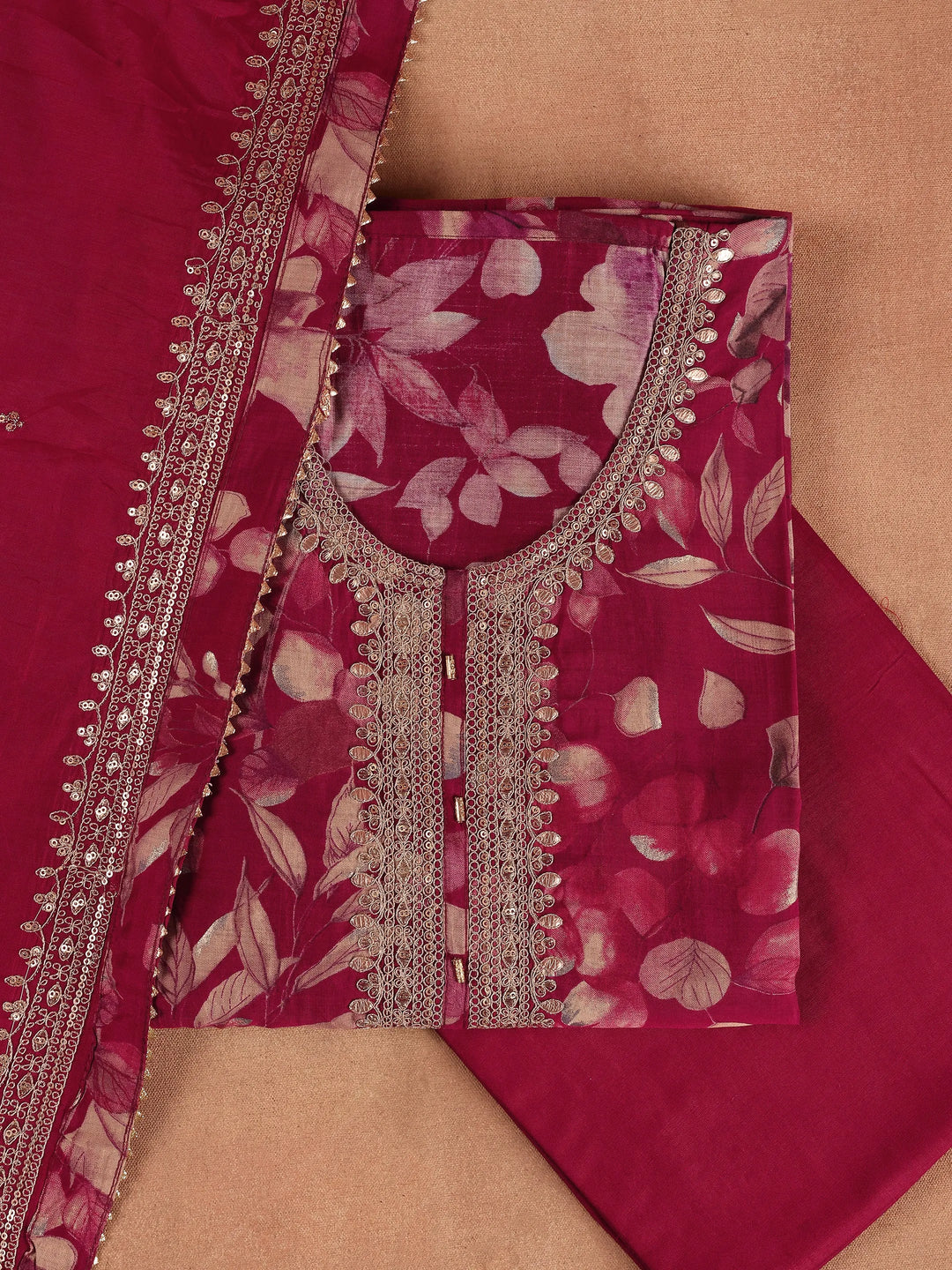  Maroon Printed Silk Blend Dress Material With Dupatta 