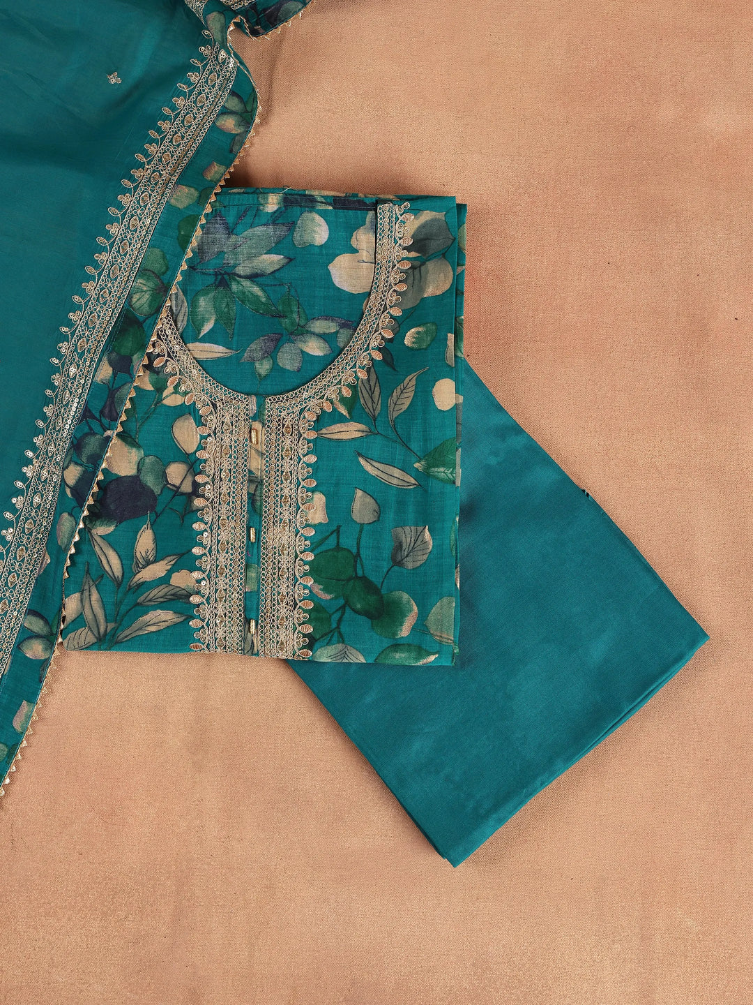  Teal Printed Silk Blend Dress Material With Dupatta 