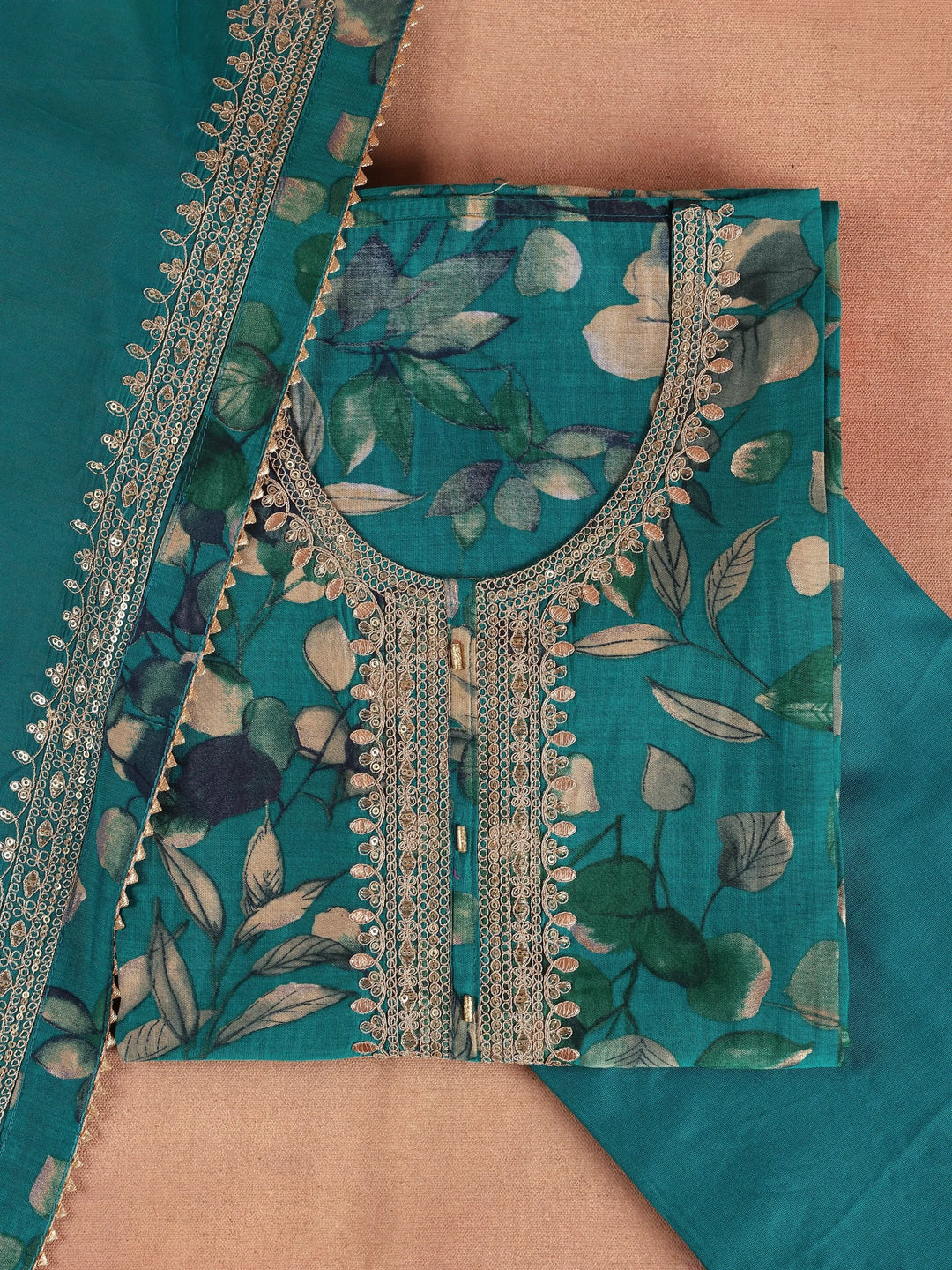  Teal Printed Silk Blend Dress Material With Dupatta 