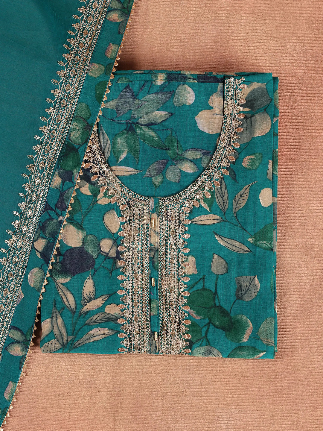  Teal Printed Silk Blend Dress Material With Dupatta 