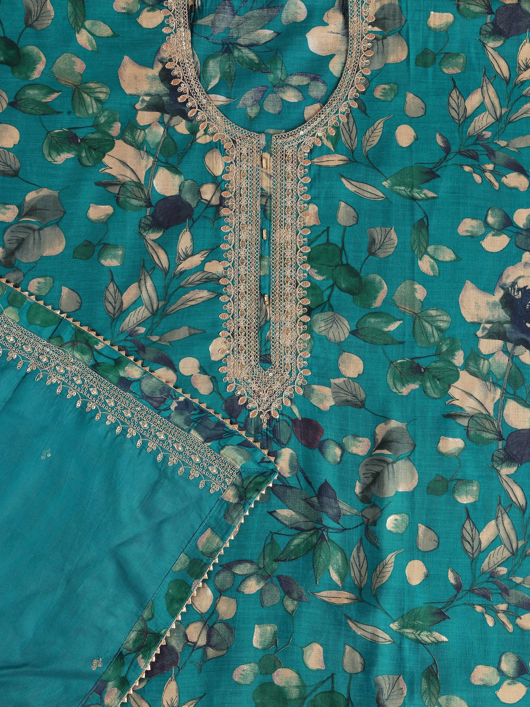  Teal Printed Silk Blend Dress Material With Dupatta 
