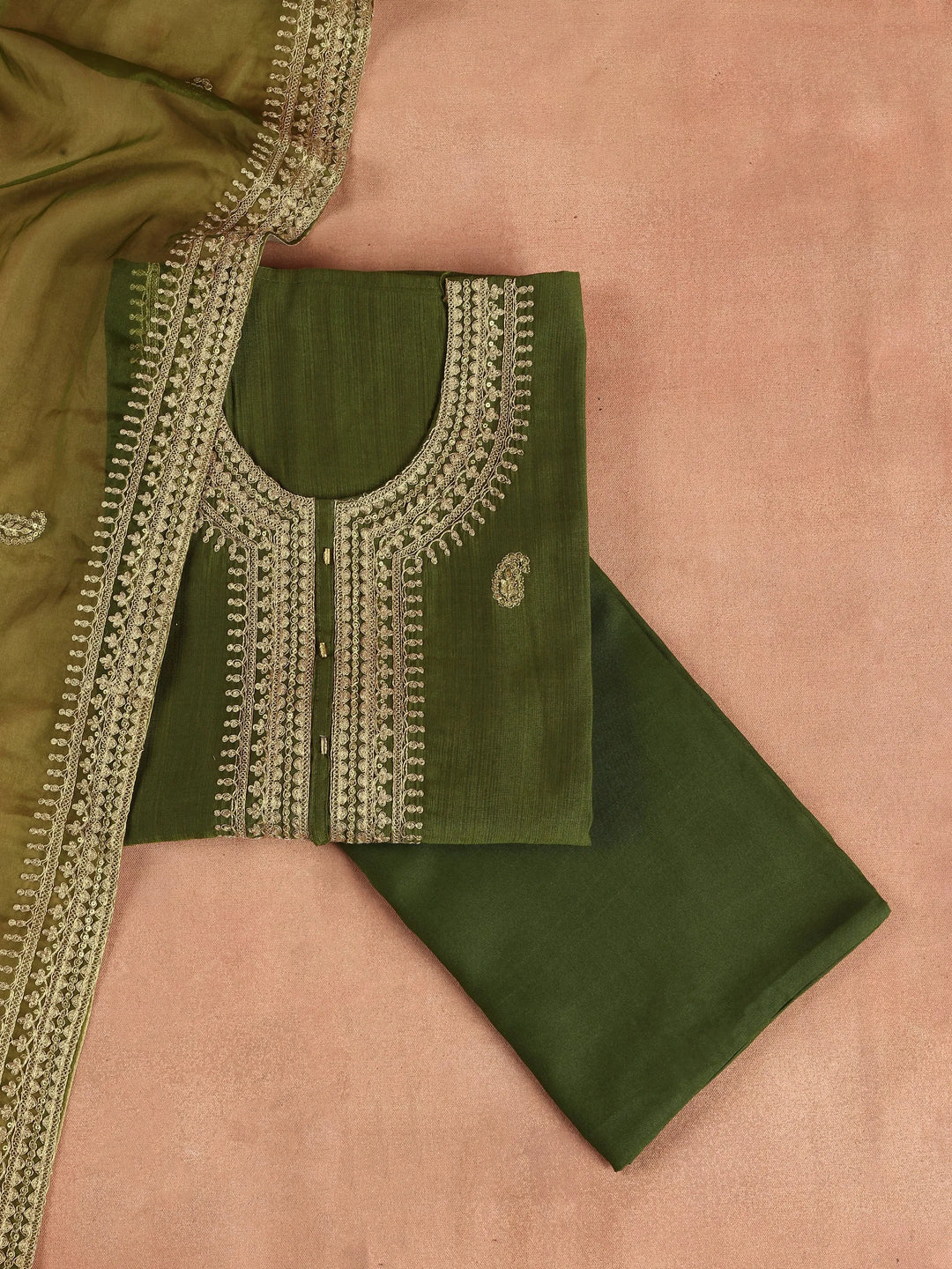  Olive Embroidered Cotton Blend Dress Material With Dupatta 