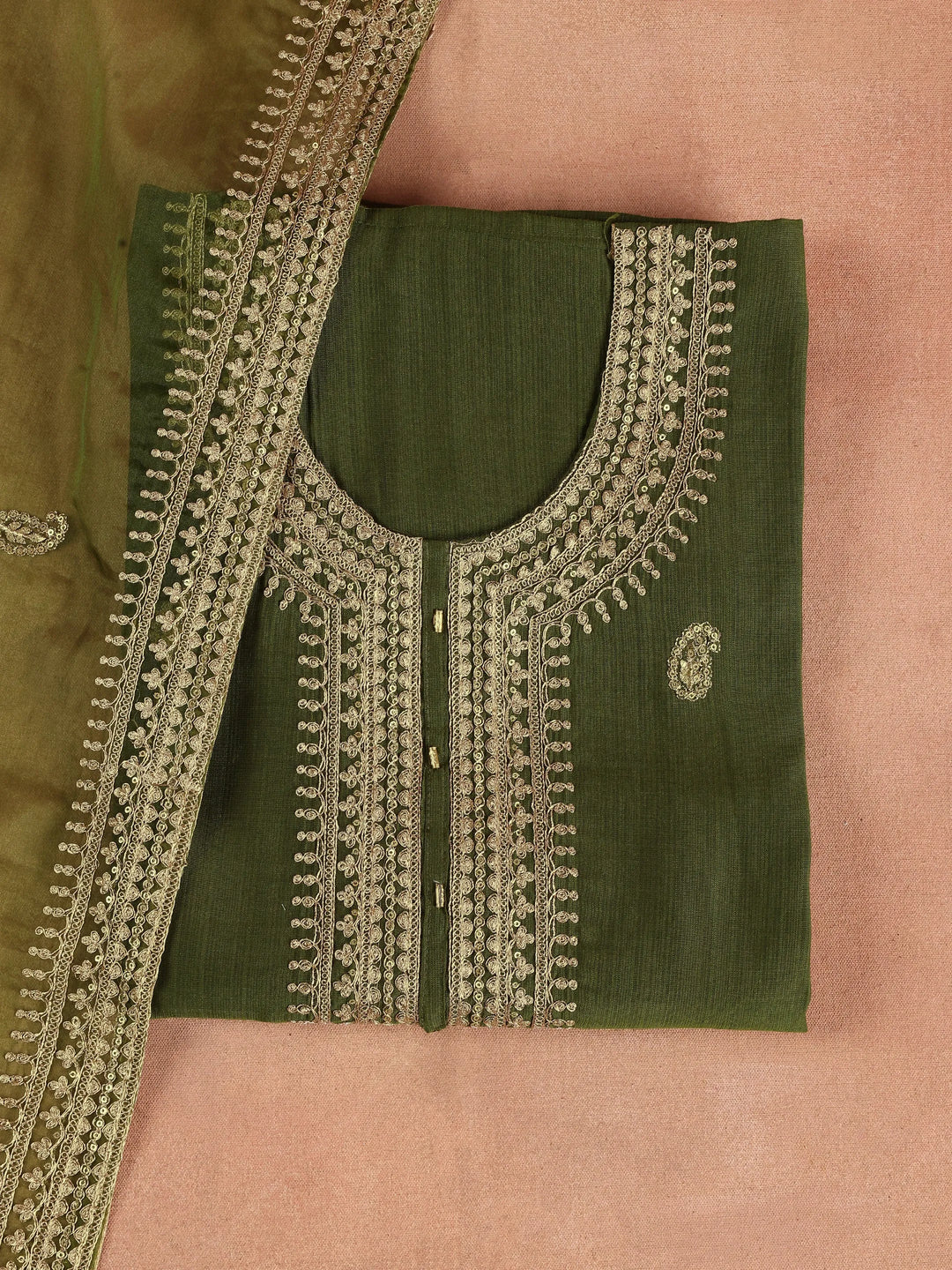  Olive Embroidered Cotton Blend Dress Material With Dupatta 