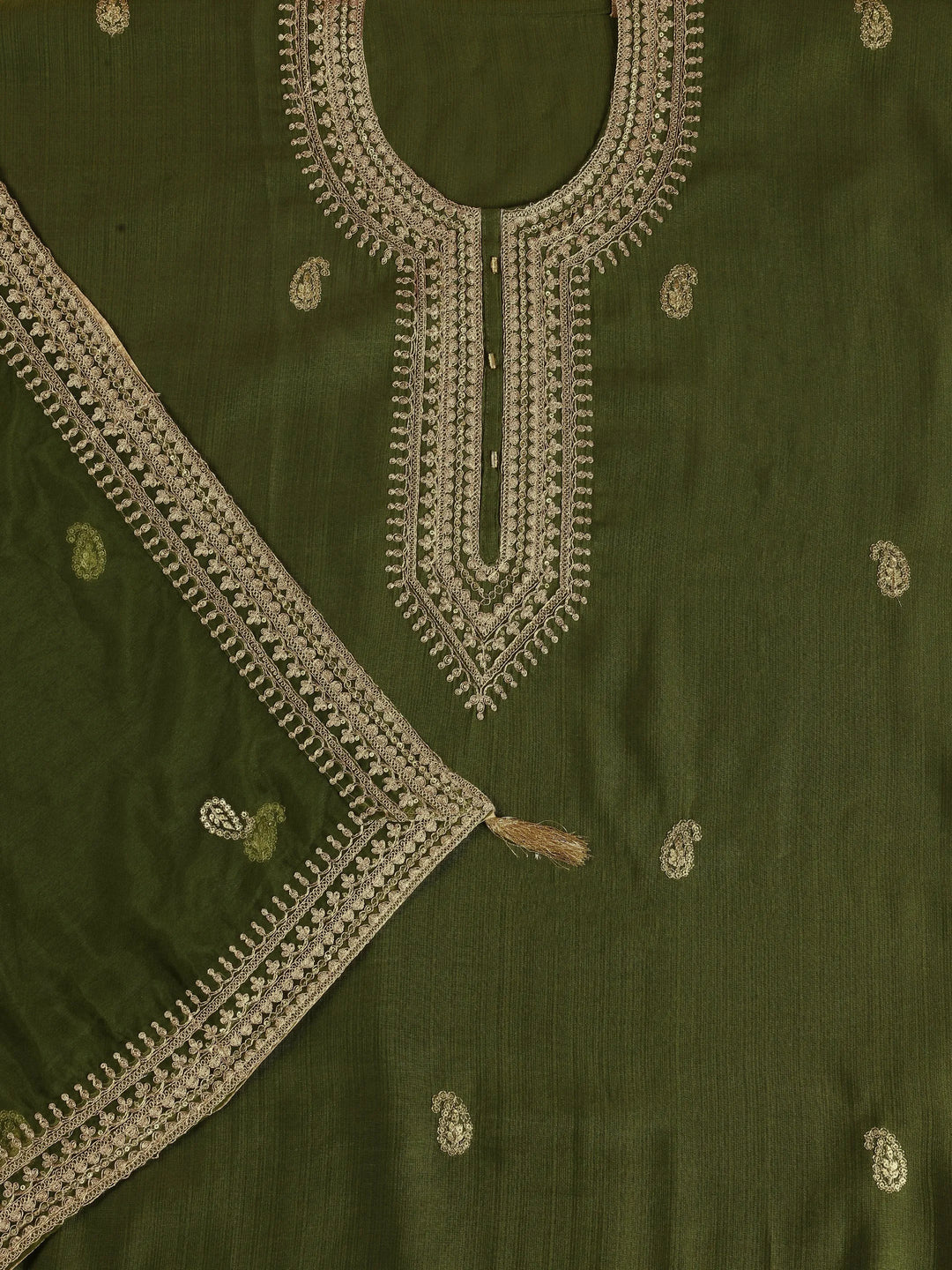  Olive Embroidered Cotton Blend Dress Material With Dupatta 