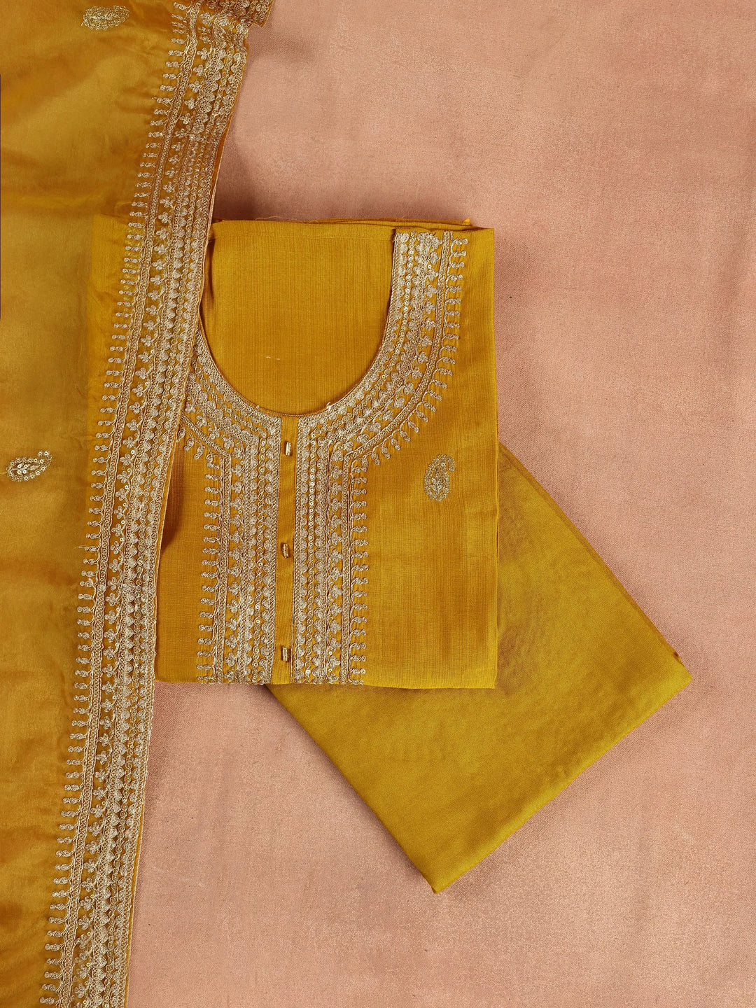  Mustard Embroidered Cotton Blend Dress Material With Dupatta 