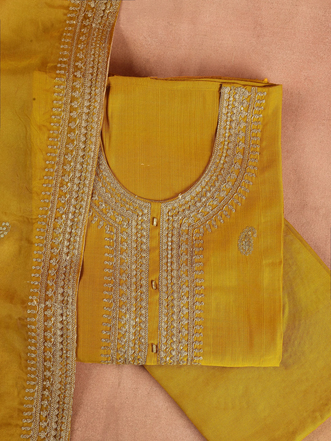  Mustard Embroidered Cotton Blend Dress Material With Dupatta 
