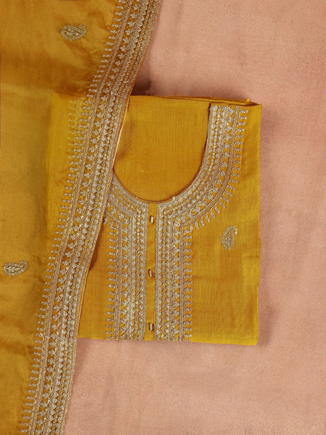  Mustard Embroidered Cotton Blend Dress Material With Dupatta 