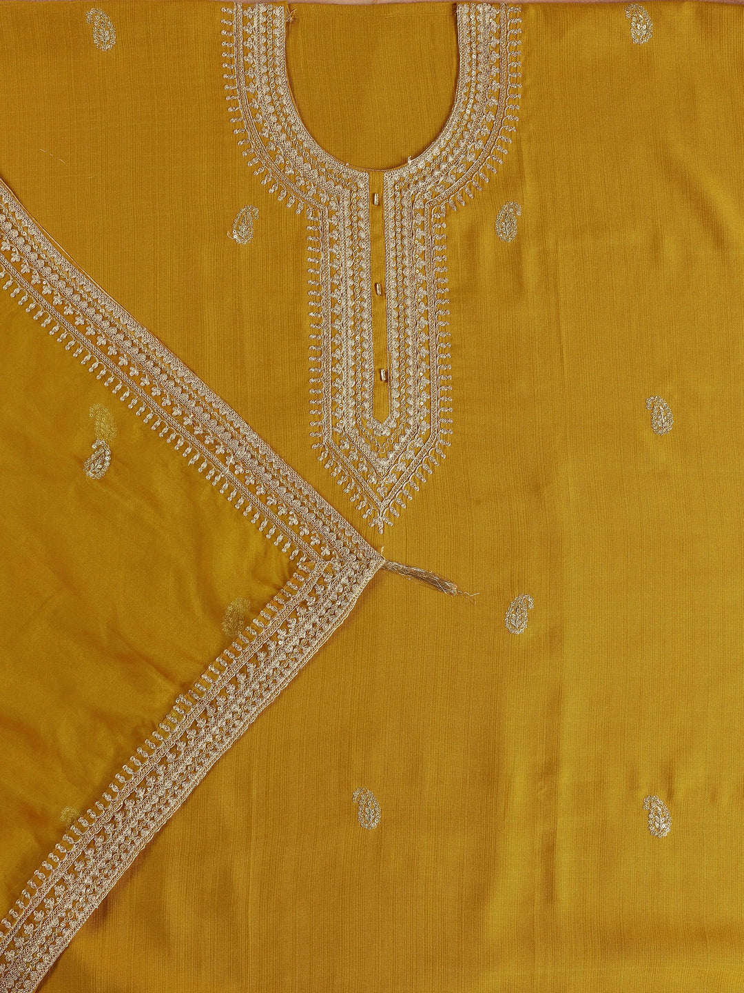  Mustard Embroidered Cotton Blend Dress Material With Dupatta 