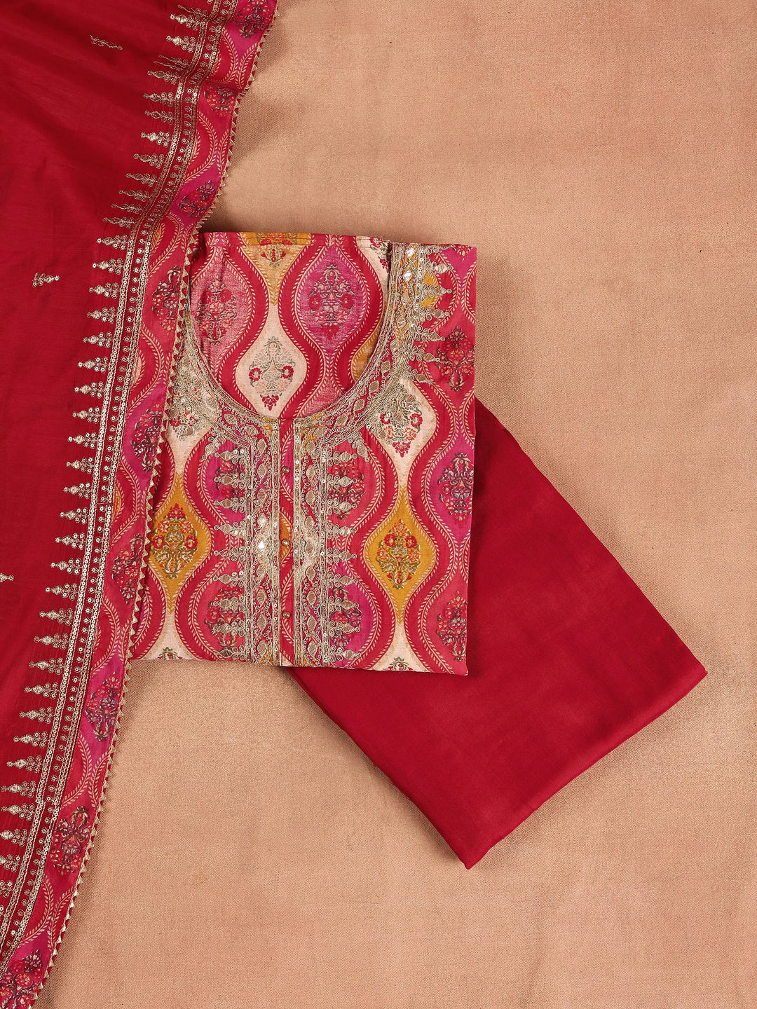  Red Printed Silk Blend Dress Material With Dupatta 
