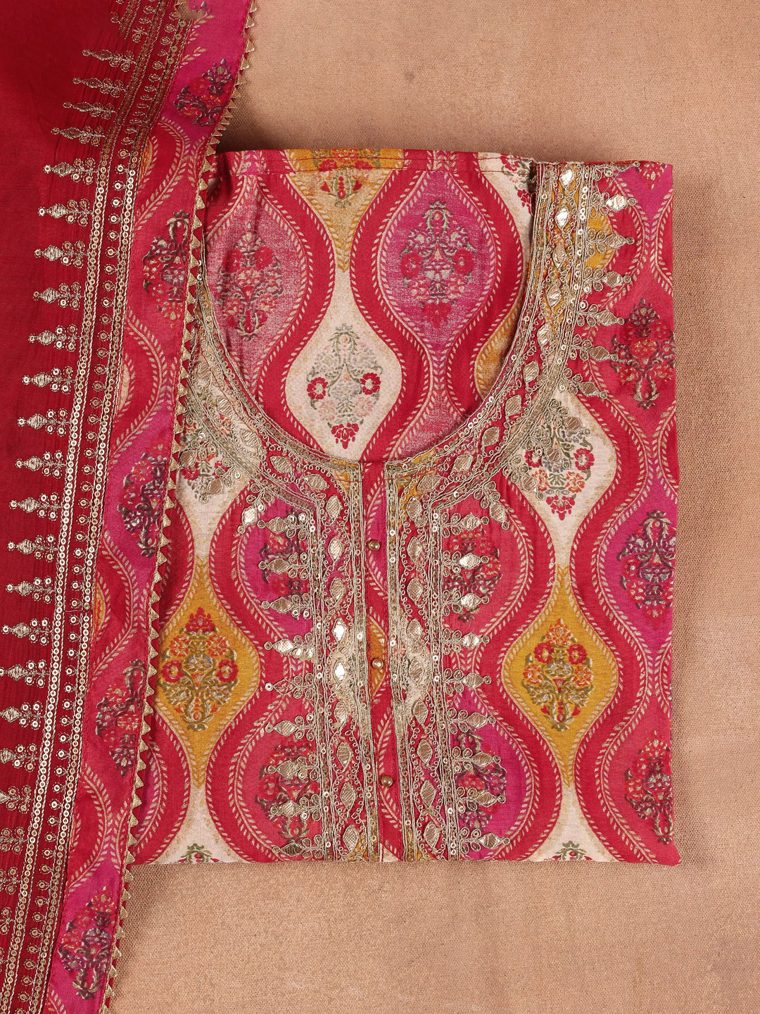  Red Printed Silk Blend Dress Material With Dupatta 