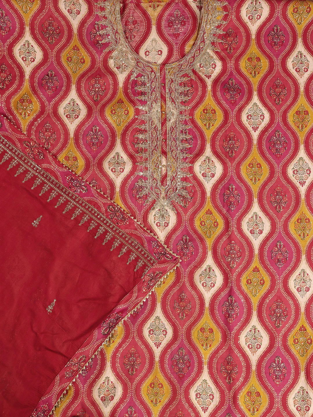  Red Printed Silk Blend Dress Material With Dupatta 