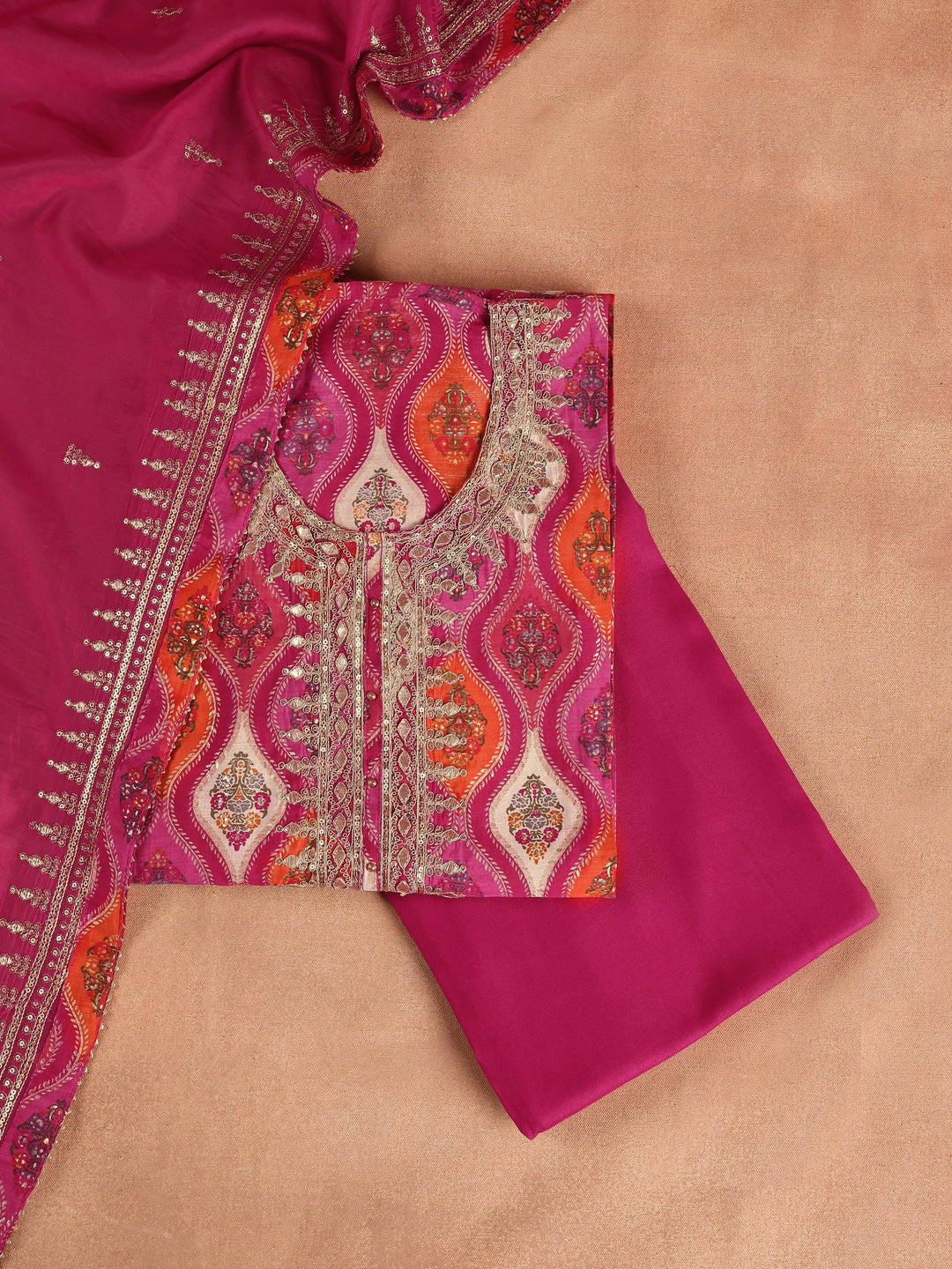  Pink Printed Silk Blend Dress Material With Dupatta 