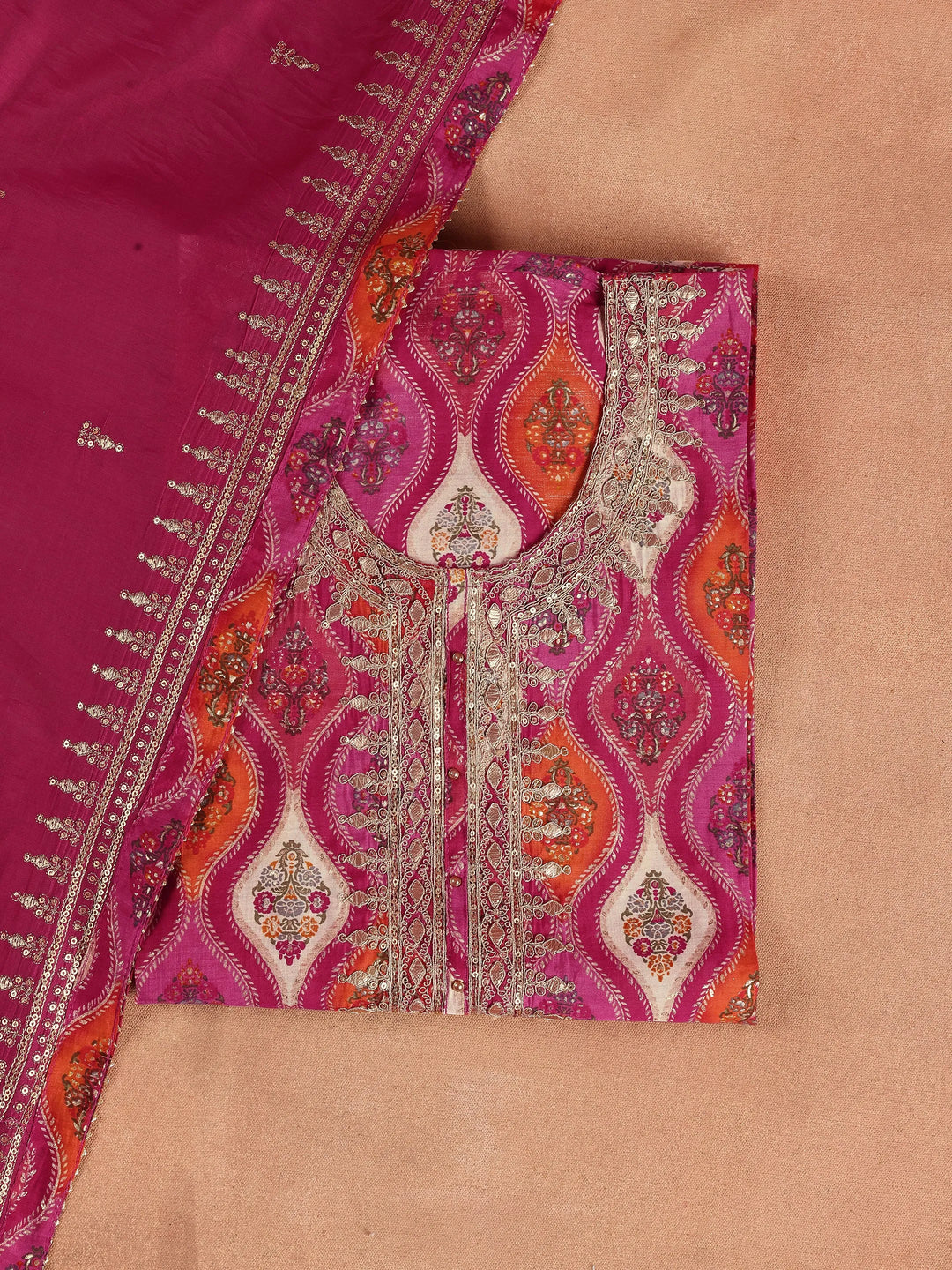 Pink Printed Silk Blend Dress Material With Dupatta 