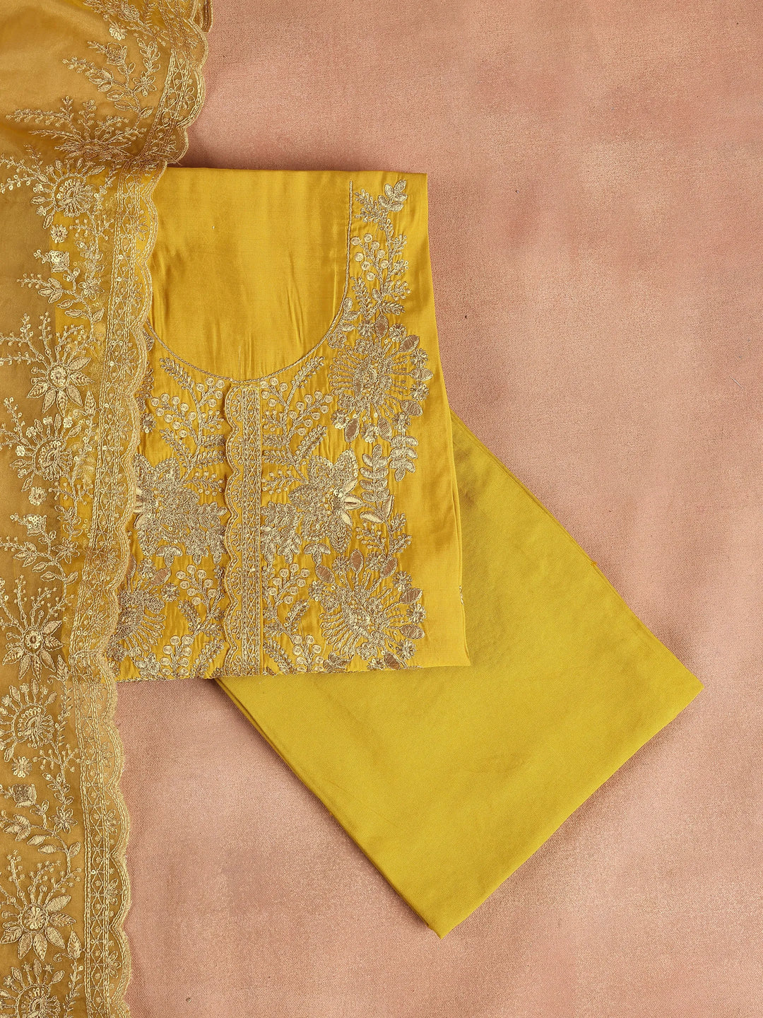  Mustard Embroidered Silk Blend Dress Material With Dupatta 