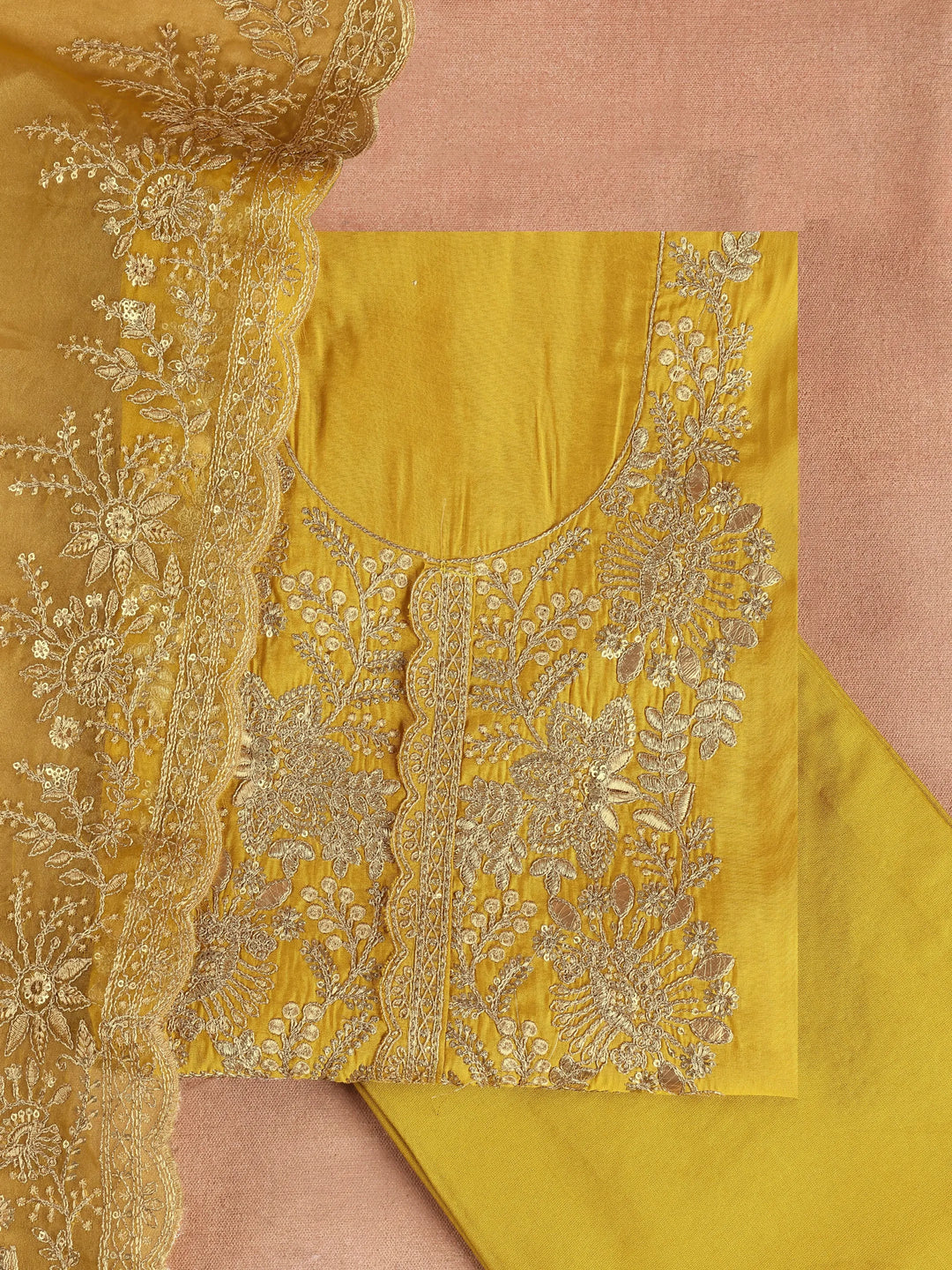  Mustard Embroidered Silk Blend Dress Material With Dupatta 