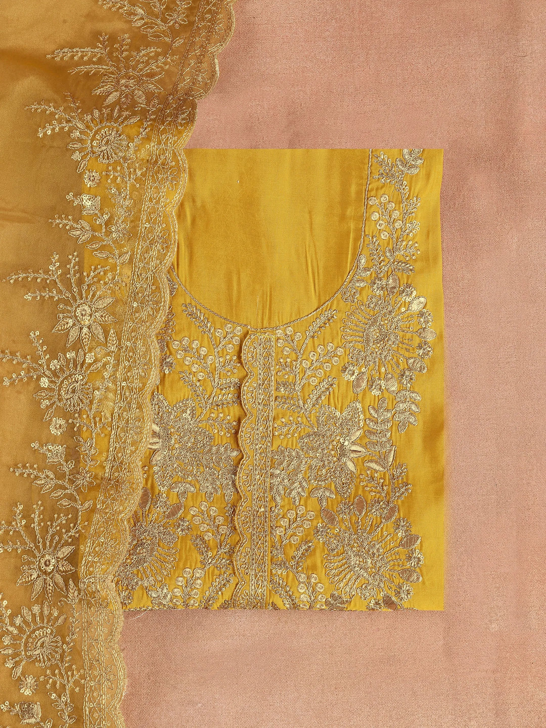  Mustard Embroidered Silk Blend Dress Material With Dupatta 