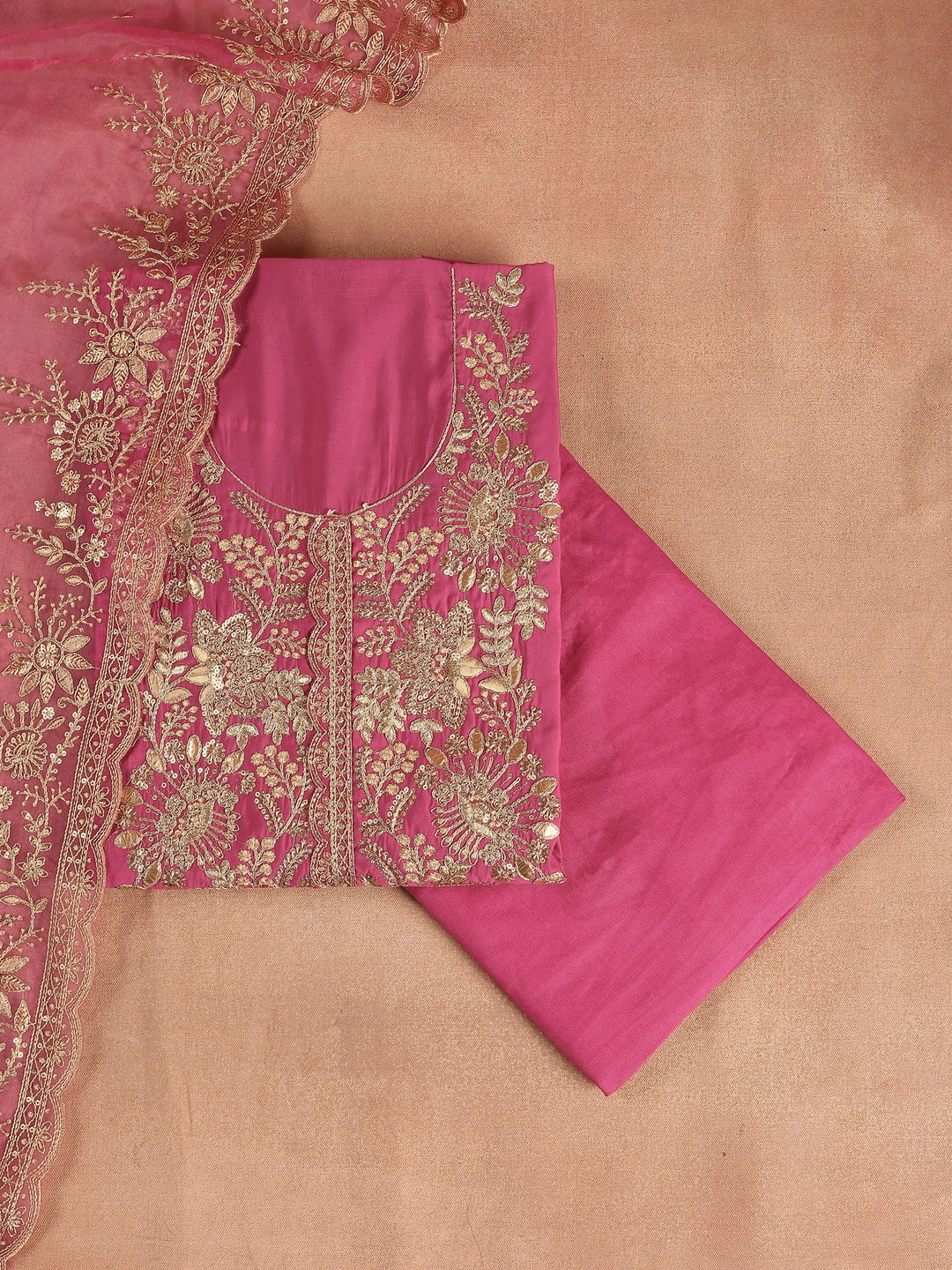  Pink Embroidered Silk Blend Dress Material With Dupatta 