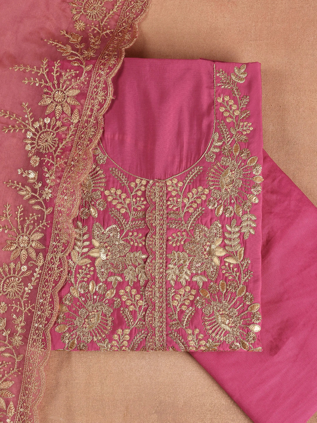  Pink Embroidered Silk Blend Dress Material With Dupatta 