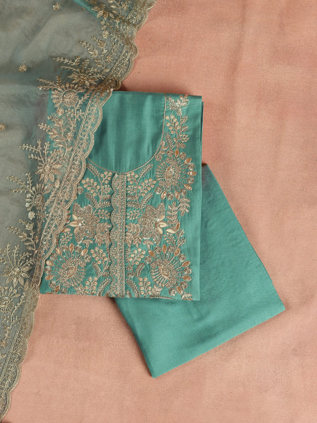  Green Embroidered Silk Blend Dress Material With Dupatta 