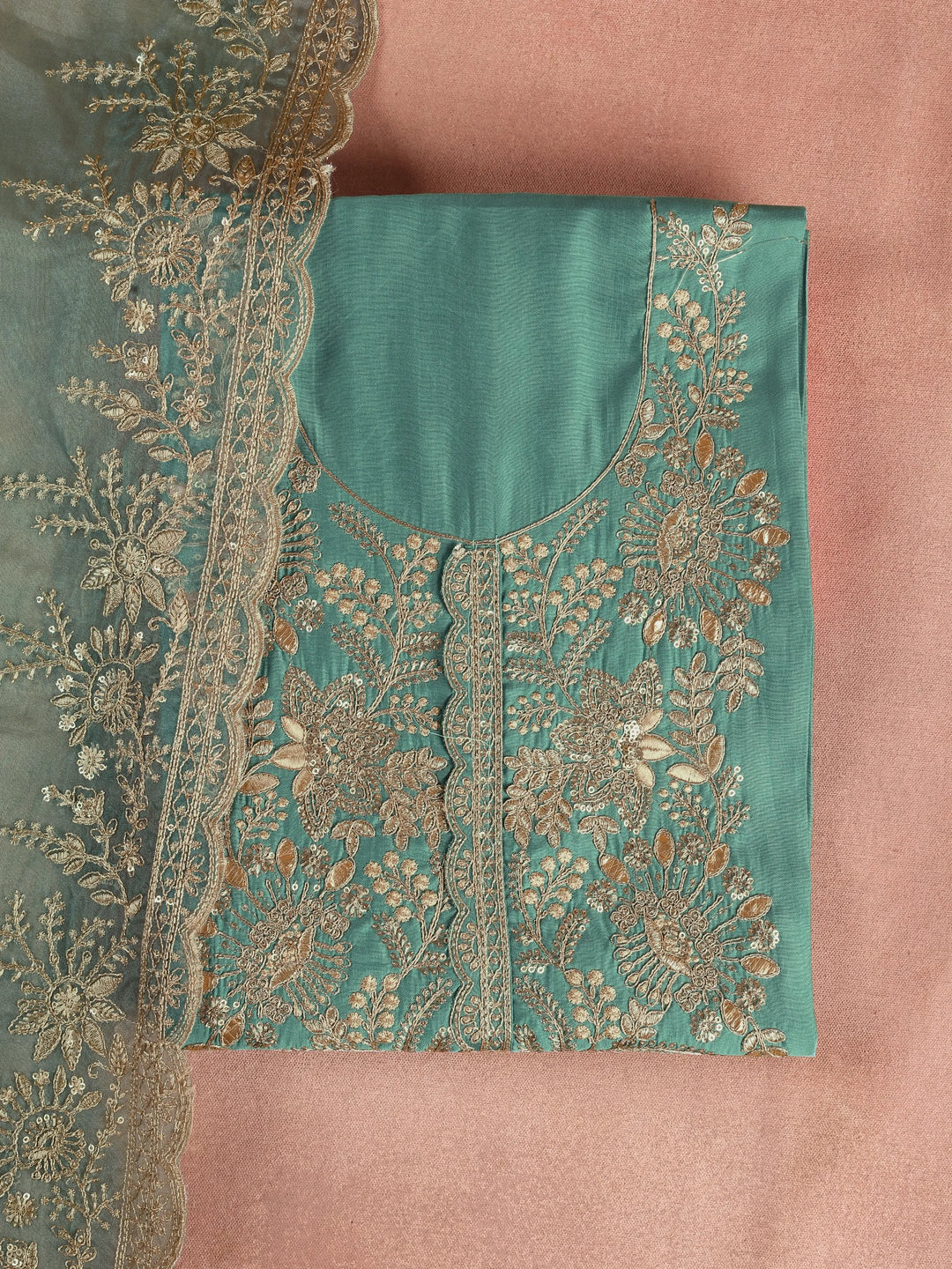 Green Embroidered Silk Blend Dress Material With Dupatta 